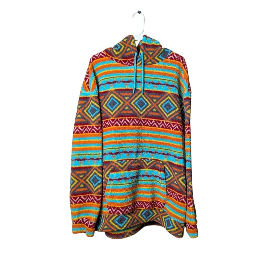 RF Aztec Bright Colorful Geometric Pattern Hoodie Drawstring Turquoise Like New - Picture 10 of 12